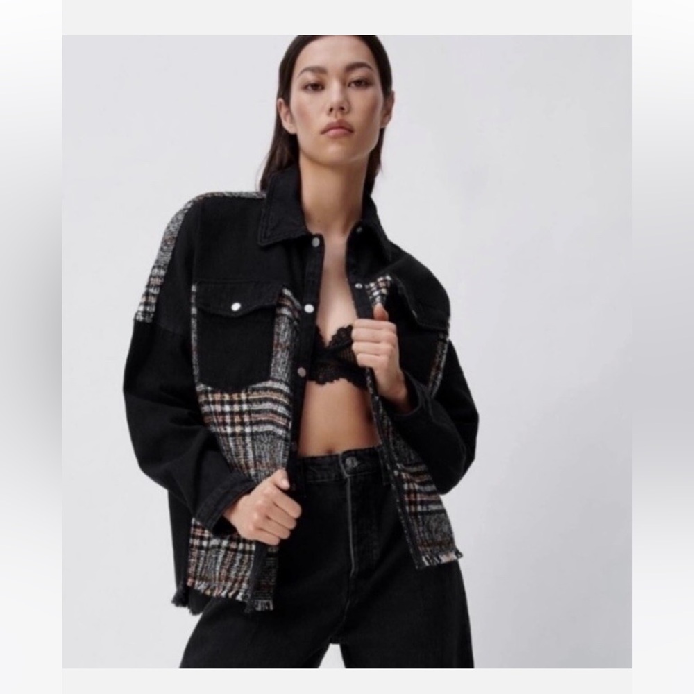 Zara black and plaid Denim Shacket jacket top shirt